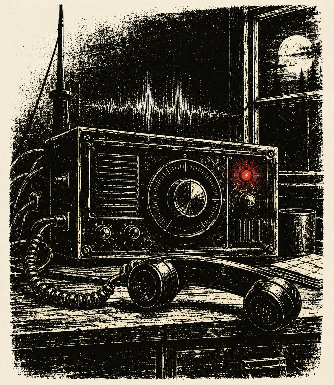 Ink illustration of an abandoned radio switchboard and receiver